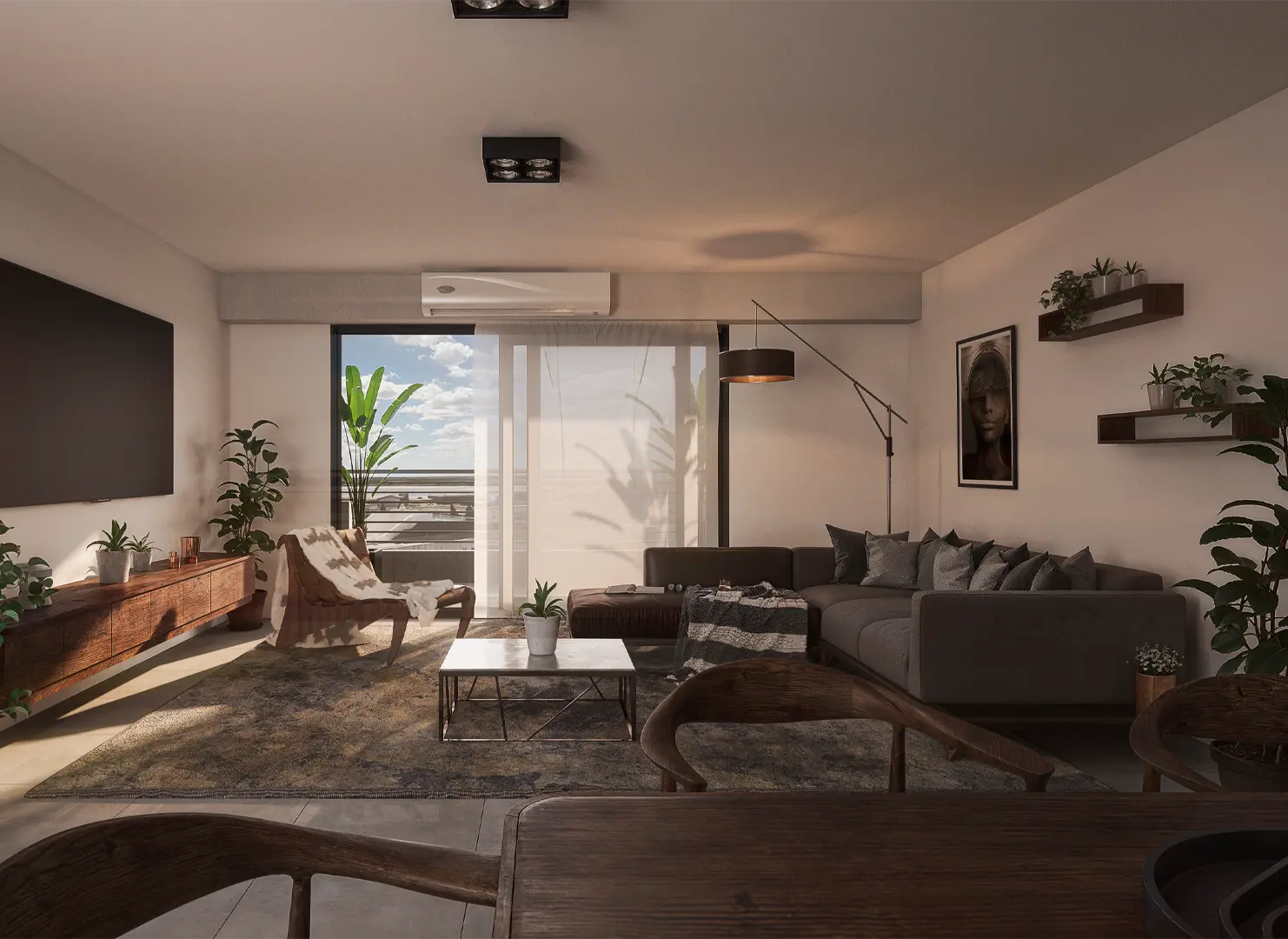Diseño de interiores y living moderno con ventanal al balcón en departamento de Edificio Bávaro.