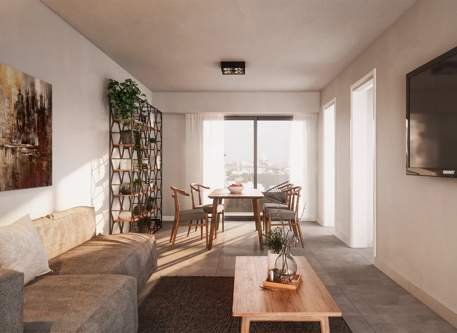 Render de comedor y área social integrada con iluminación natural en Edificio Bávaro.