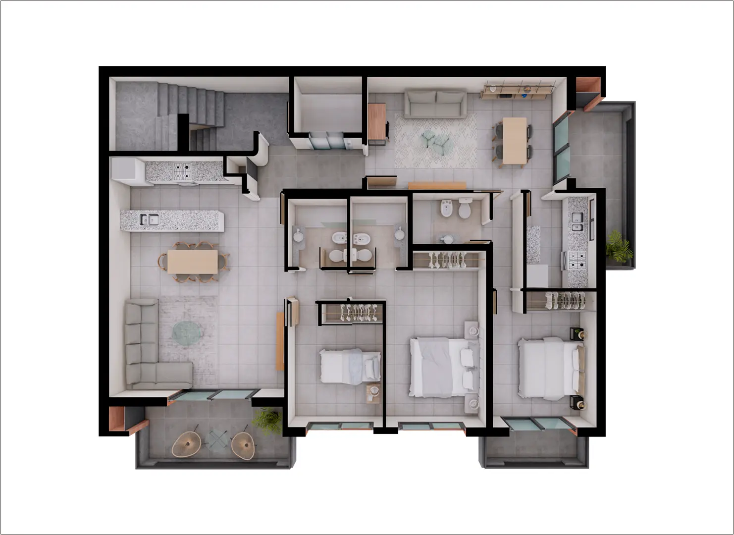 Plano de planta arquitectónica detallado de departamento de 2 dormitorios en Puerto Norte, Rosario.